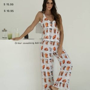 PIJAMA SEDA DE MANGO FRANELILLA CROISSANT AND COFFEE PANTALON TALLA M