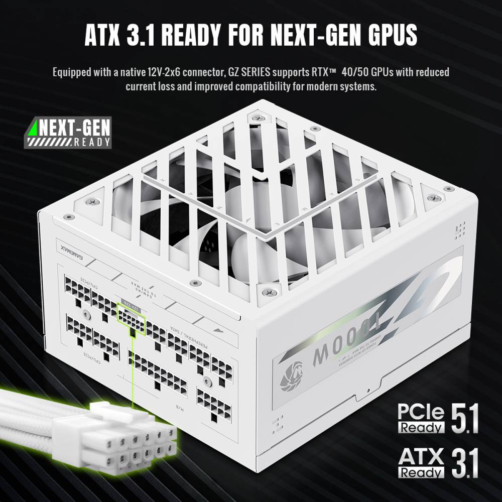 FUENTE DE PODER GAMEMAX 1000W GAMING GZ-1000G WH ATX 3.1/80+GOLD/ 12V / 110-240V/ FULL MODULAR/ PCle5.2/BLANCO - Imagen 2
